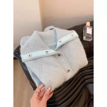 Нежный кардиган Осень и Зима K-стиль Свободный синий свитер Light blue XXL [Recommendation 65.00 kg-75.00 kg]]
