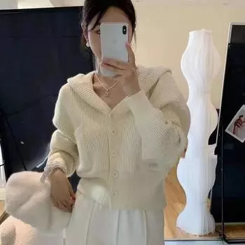 Нежный клейкий свитер с капюшоном, кардиган, пальто, женская осенне-зимняя короткая трикотажная рубашка, дизайн, свитер с длинными рукавами, женский топ