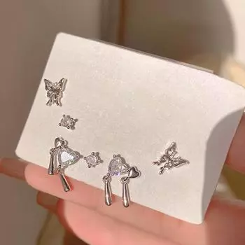 Нежный комплект из шести серег с бриллиантами «Бабочка и любовь» Alloy ~ Silver Needle Model серебряный