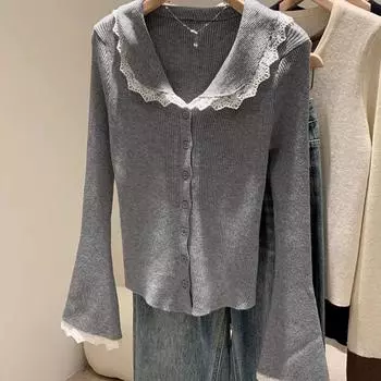 Нежный кружевной свитер с кукольным вырезом, женский, осень-зима 2024, новый кардиган, куртка, вязаный топ one size fits all чёрный