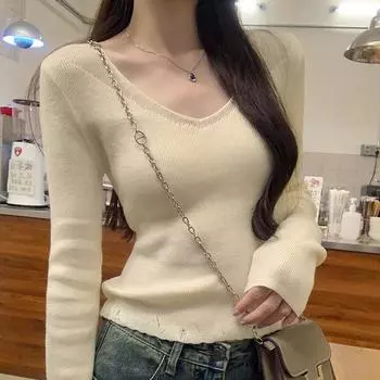 Нежный кружевной свитер с V-образным вырезом, тонкими длинными рукавами и внутренней отделкой, короткий топ для женщин на раннюю осень S