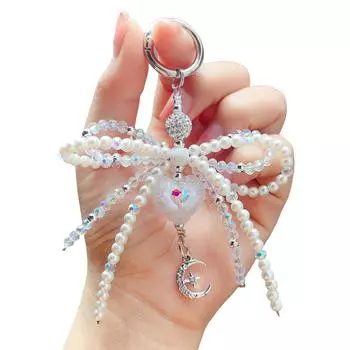 Нежный кулон-бантик, брелок, шарм для телефона из хрустальных бусин, сердечки-бантики, шнурок для телефона, кольцо для ключей, украшение для сумки, рюкзака белый