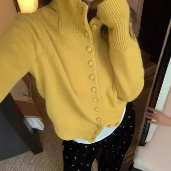 Нежный мягкий липкий вязаный кардиган с высоким воротом, женский осенний свободный однобортный свитер с короткими лацканами, пальто One Size красный