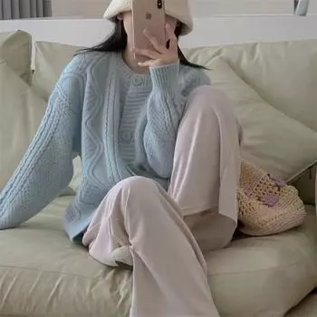 Нежный мягкий вощеный твист свитер куртка женская осень и зима новый корейский омолаживающий свободный повседневный вязаный кардиган one size fits all синий