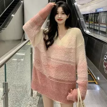Нежный мягкий восковой пуловер с v-образным вырезом, женский свитер на весну и осень, свободный свободный свободный свитер в стиле ретро во французском французском стиле, женский вязаный свитер One Size розовый