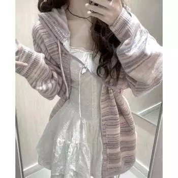 Нежный розовый полосатый вязаный кардиган с капюшоном Pink 2XL