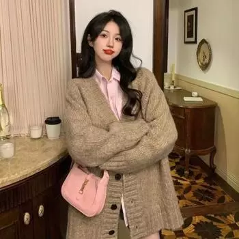 Нежный синий японский свитер для женщин на осень и зиму, свободный и ленивый фасон, мягкий и липкий вязаный верх-кардиган.