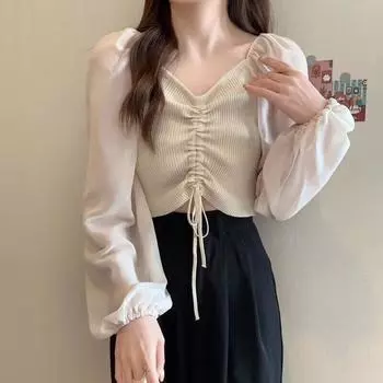 Нежный стиль, короткий вязаный свитер с длинными рукавами и завязками для женщин на раннюю весну, тонкий дизайн, открытая нижняя часть пупка, топ в стиле вестерн S чёрный