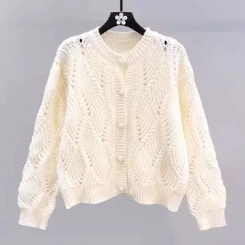 Нежный стильный ажурный свитер, женский кардиган, осень 2023, свободный однотонный мягкий и клейкий вязаный кардиган с длинными рукавами, свитер