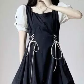 Нежный стиль, сладкое и пряное платье в стиле Лолиты, кружевное, с лоскутным узором, с рукавами-фонариками, квадратным вырезом, модное, повседневное, с бантом на талии XS чёрный