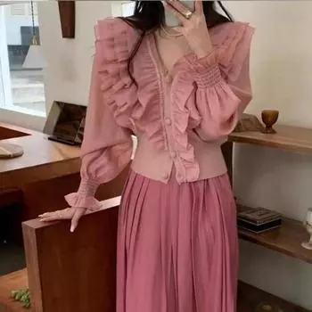 Нежный свитер с v-образным вырезом и рюшами, верхняя одежда для женщин, весенний дизайн, розовый вязаный кардиган со свободным женским свитером