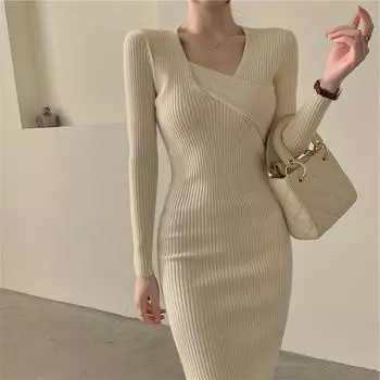 Нежный темперамент, мягкое трикотажное платье, осенне-зимняя женская одежда, облегающее шерстяное платье с V-образным вырезом и облегающим бедрами S чёрный