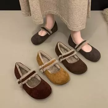 Нежный вечерний бриз бархатные туфли Мэри Джейн женские зимние туфли 2024 года из ниши замшевые одинарные туфли с юбкой пушистые туфли 35 темно-коричневого
