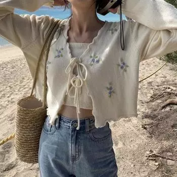 Нежный весенне-осенний свитер, женская солнцезащитная одежда, милый вязаный кардиган на шнуровке, комплект из двух предметов, женский комплект с подвесным ремнем