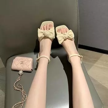 Нежный ветер французский бант женские босоножки с квадратной головкой на низком каблуке с мягкой подошвой 34 чёрный