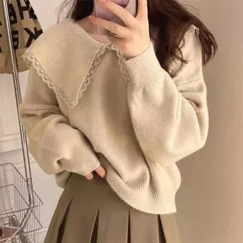 Нежный ветер корейская версия кукольный воротник мягкий восковой свитер осень и зима новый ленивый ветер кружевной пуловер вязаный свитер One Size