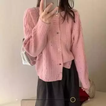 Нежный ветер круглый вырез цветной пайетками вязаный кардиган женский осень и зима новый модный универсальный свитер с длинными рукавами топ трендовый One size красный