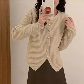 Нежный ветер круглый вырез свитер женский осень и зима новый нишевый дизайн подол показывает тонкий короткий вязаный кардиган куртка One size абрикосовый
