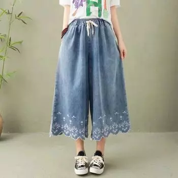Нежный ветер Модная вышивка Эластичный пояс Широкие джинсы Летние свободные покрой Телесные женские укороченные брюки для девушек-ковбоев One size
