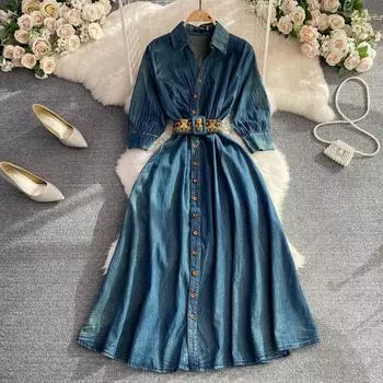 Нежный ветер Ретро Темперамент V-образным вырезом с пятиточечными рукавами Однобортное платье трапециевидной формы с узкой талией M синий