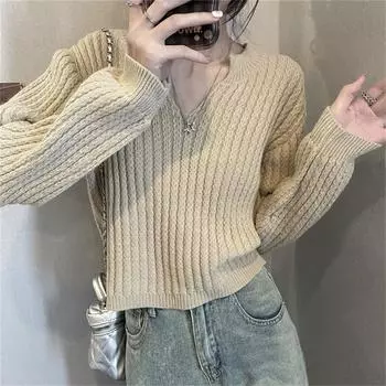Нежный ветер ретро твист V-образный вырез свитер женский осень и зима новый дизайн sense иностранный универсальный вязаный свитер топ One size абрикосовый