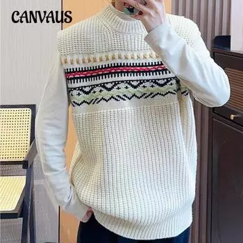 Нежный ветер ретро жаккардовый вязаный свитер майка женский жилет мягкий темперамент многослойный свитер жилет One Size бежевый