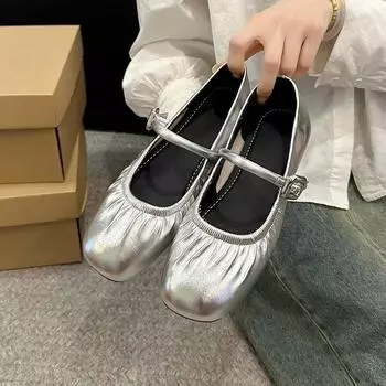 Нежный ветер Серебряный мелководье Туфли Мэри Джейн Одиночные туфли Женские летние ретро Мягкие плоские туфли бабушки 35 серебряный