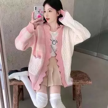 Нежный ветер свитер куртка кардиган женский ранняя осень свободная ниша супер фея цвет столкновение длинный рукав блузка One Size розовый