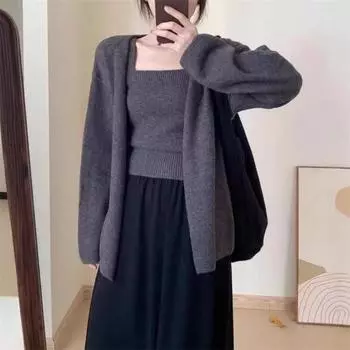 Нежный ветер свободный вязаный кардиган жилет на подтяжках комплект из двух предметов осень и зима новый нежный омолаживающий свитер one size fits all