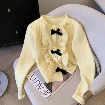 Нежный ветерок, синий бант, свитер, женская осенне-зимняя одежда, кружевной мягкий вощеный кардиган, куртка, вязаный топ one size fits all синий