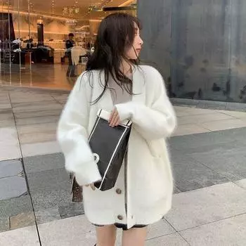 Нежный ветровой кардиган, клейкий свитер с v-образным вырезом, пальто, женский корейский вариант, свободный однотонный вязаный кардиган с длинными рукавами, топ-свитер One Size фиолетовый