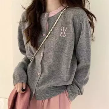 Нежный вязаный кардиган с вышивкой кролика, весна и осень, свитер с напуском в академическом стиле, цветной блок, короткий кардиган, женское пальто One Size розовый