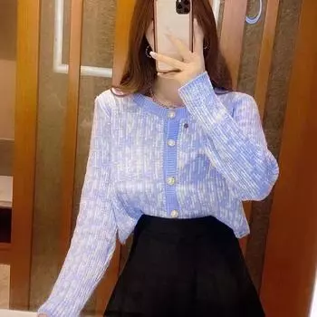 Нежный вязаный топ с длинными рукавами для женщин, весна-осень 2023, корейская версия, свободный короткий кардиган с длинными рукавами, женский свитер One Size чёрный