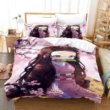 Nezuko Kamado Bedding Set Anime Demon Slayer Duvet Cover Comforter Bed Linen Single Twin Full Queen Size 3d Girl Boys Gift EU single(135x200cm)