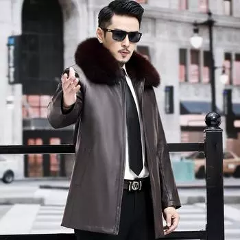 Ni Gou Мужская зимняя кожаная куртка средней и длинной длины из овчины с золотистым мехом норки M