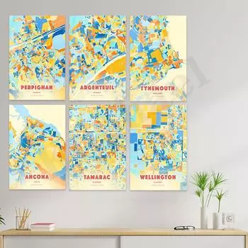 Ниагара.Дубьюк.Брентвуд.Веллингтон.Эрмосильо.Тамарак.Анкона.Виченца.Тайнмут.Нантер.Тюрком. Плакат с цветной картой города 21cm30cm NoFrame