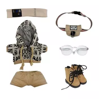 nianniyhouse 15 см плюшевая одежда свободный комплект в стиле хип-хоп повязка на голову парка эластичные шорты рюкзак очки кожаные ботинки сменная хлопковая одежда для кукол (Коричневый,