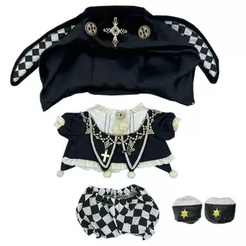 niannyyhouse 10cm 15cm 20cm Plush Clothes Hat Jacket Checkered Pants Shoes Black and Gold Suit Cotton Doll Dress Up Doll Accessories (Black-15cm)