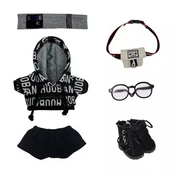 niannyyhouse 20cm Plush Clothes Loose Hip Hop Set Hair Band Parka Stretch Shorts Backpack Glasses Leather Boots Changeable Cotton Doll Clothes (Black,