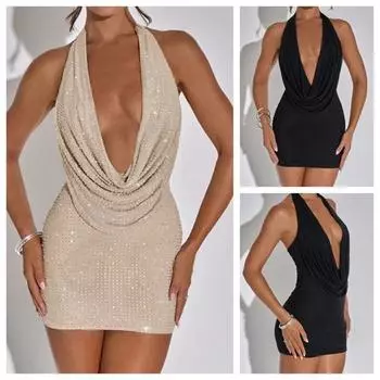 Nibber Diamond Pasted Solid Color Mini Dress Women Fashion Deep V-образный вырез без бретелек Dresses Women Trend Streetwear Clothing S чёрный