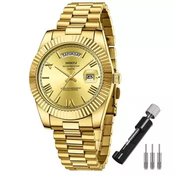 NIBOSI модные деловые часы из нержавеющей стали с наручными часами, водонепроницаемые аналоговые, с металлическим ремешком, повседневные часы с датой, классические роскошные настоящие золотые часы для мужчин