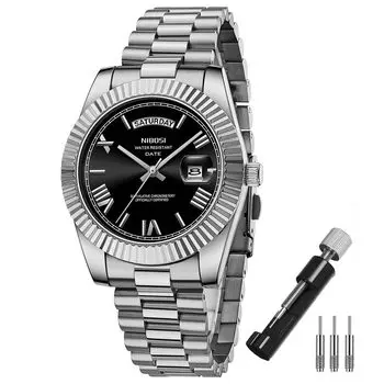 NIBOSI модные деловые наручные часы из нержавеющей стали с водонепроницаемым аналоговым металлическим ремешком, повседневные часы с датой, классические роскошные подарочные серебристо-черные часы для мужчин