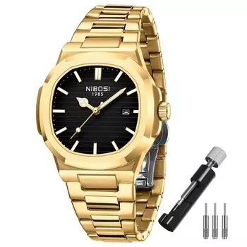 NIBOSI Модные деловые наручные часы из нержавеющей стали с водонепроницаемым аналоговым металлическим ремешком Повседневные флуоресцентные часы с датой Классические роскошные настоящие золотые черные