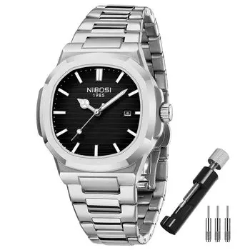 NIBOSI Модные деловые наручные часы из нержавеющей стали с водонепроницаемым аналоговым металлическим ремешком Повседневные флуоресцентные часы с датой Классические роскошные настоящие серебристо-черные