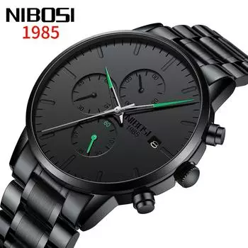 NIBOSI мужские часы, черные модные простые стильные точные часы в пути, многофункциональные водонепроницаемые светящиеся кварцевые часы