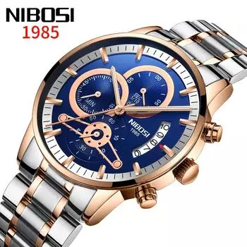 NIBOSI новые мужские часы с твердым стальным ремешком, водонепроницаемые кварцевые часы со стеклом и покрытием, светящиеся в темноте, 3 глаза, 6 контактов