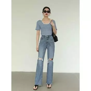 Niche American Style High Waist Extra Long Narrow Version Light-Colored Jeans Retro Blue/Hole 1871 28