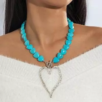 Niche Beaded Imitation Pearl Turquoise Necklace Retro Exaggerated Love Pendant Collarbone Chain Multi-layer Necklace