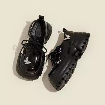 Niche big head muffin thick sole women s college style metal butterfly sports single shoes heightening lace-up small leather shoes 35 чёрный