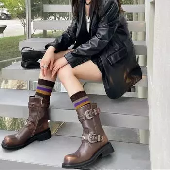 Niche Boots Women s Retro Design Round Head Belt Buckle Boots Martin Boots Spice Girls High-Heeled Short Boots Women 35 чёрный